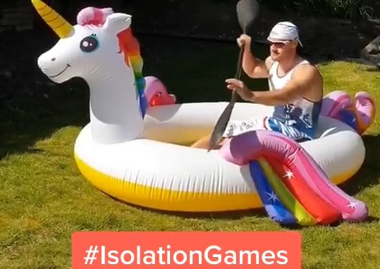 Isolation games kayaking in an inflatable unicorn