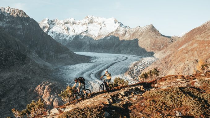 3 e-bikes on the glacier haute route in the French Alps