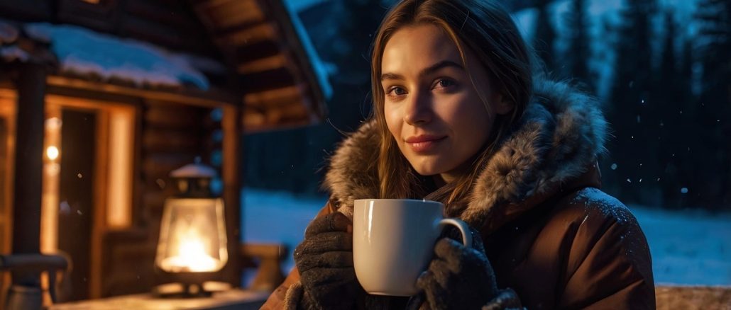 Woman with a mug of hot chocolate outside a luxury ski chalet