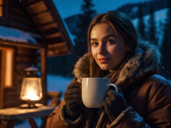 Woman with a mug of hot chocolate outside a luxury ski chalet