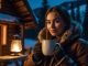 Woman with a mug of hot chocolate outside a luxury ski chalet
